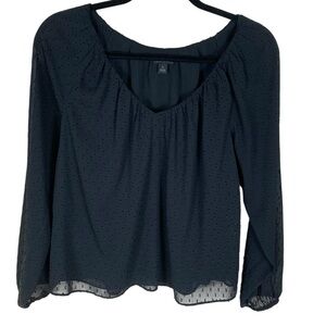 Women's Ann Taylor Black Swiss Dot Sheer Long Sleeve V-Neck Top Size XS Boho